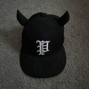 Black Cap with White Lettering and Horns